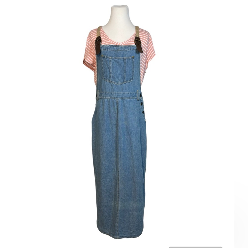 Vintage 80’s Cotton Blue Denim Overall Buckle Midi Sheath Jumper Dress- Large